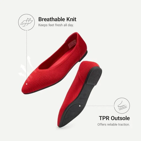 Women's Red Knit Ballet Pointed Toe Breathable Casual Classic Dressy Flats - Picture 6 of 7